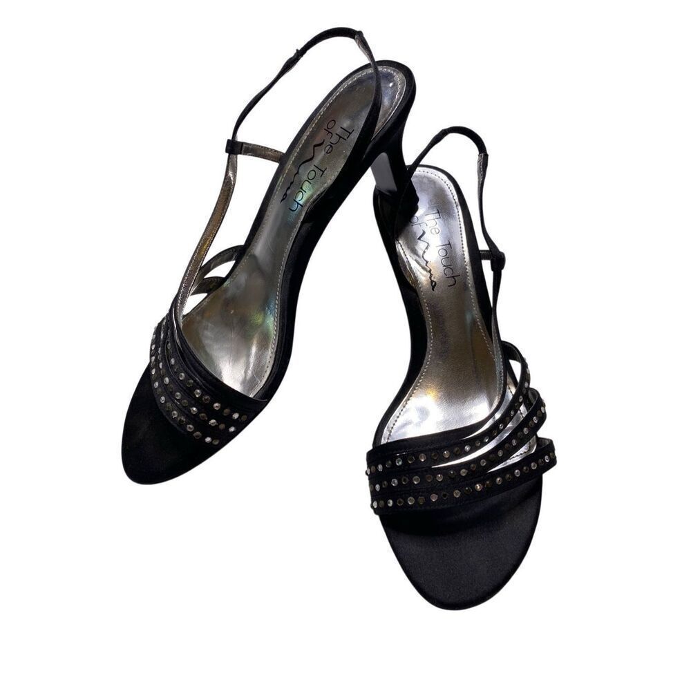 The Touch of Nina Black Satin Rhinestone Slingback Heels Elegant Chic Formal